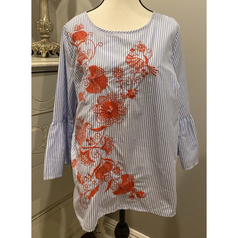 Crown & Ivy Blue Stripe Embroidered Bird Floral Blouse Women M Boho Top